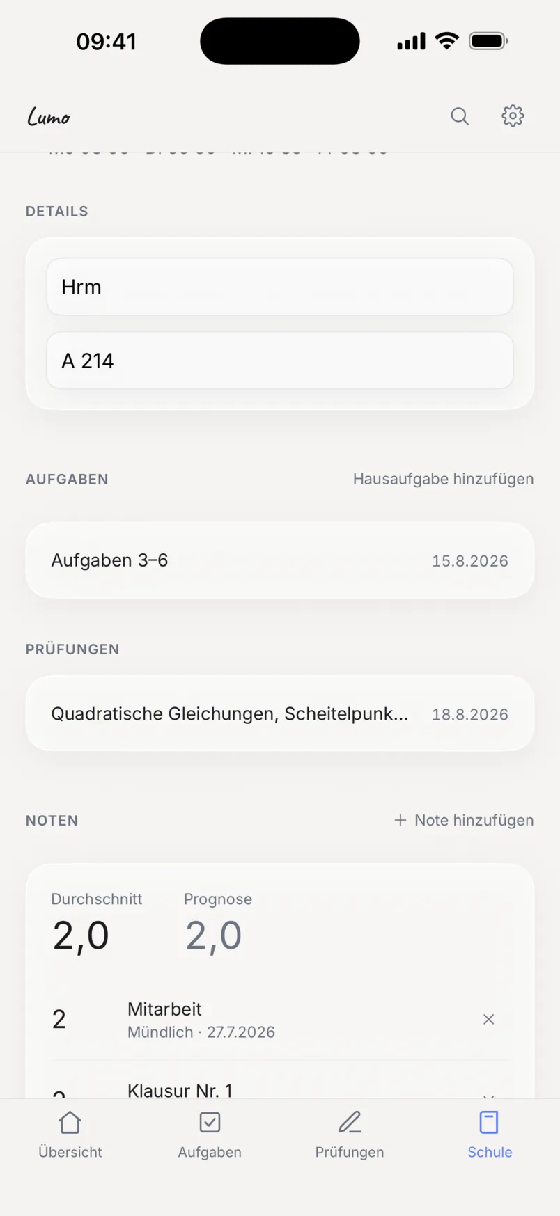 Die Fachseite in Lumo: Aufgaben, Prüfungen und Noten an einer Stelle.